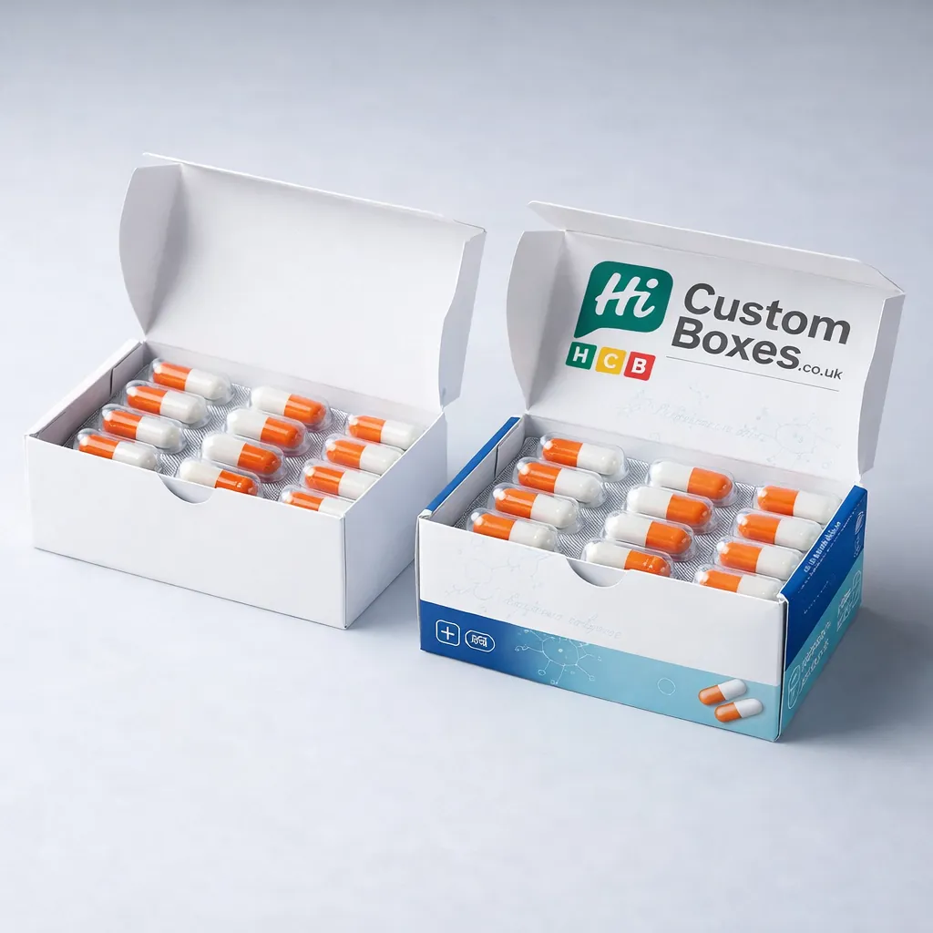 Two open white hinged boxes containing orange and white capsule blister packs with branded interiors. class=